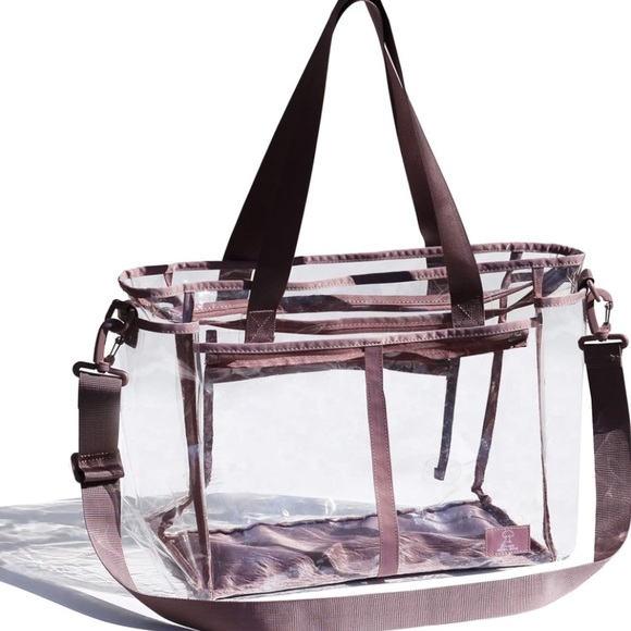 CLEAR TRANSPARENT STADIUM WEEKENDER BAG PURSE PURPLE TROLLEY SLEEVE LUGGAGE - Picture 2 of 7
